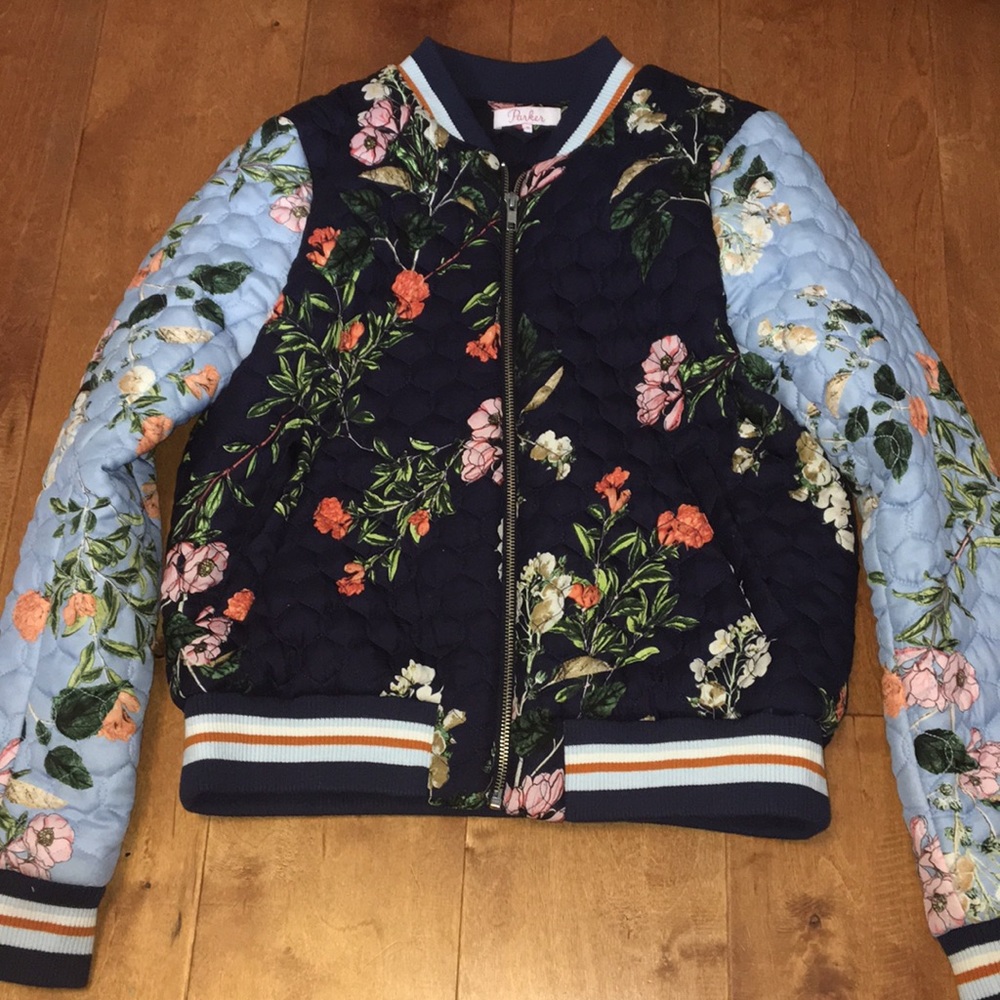 Parker Floral Quilted Bomber Jacket in Navy and Light Blue
